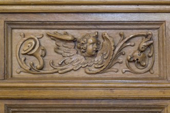 Jakobikirche, pews in the nave, carvings from the 17th century, putti, St., Sankt, Saint