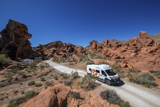 Motorhome at Atlatl Rock Campground, Valley of Fire State Park, Nevada, USA, North America