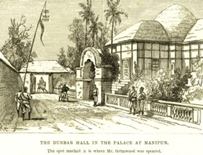 The Durbar Hall in the palace at Manipur, the spot marked cross is where Mr. Grimwood was speared,