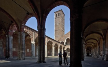 Italy Milan Milan Church of San Ambrogio 12th century Atrium inside with Campanile dei Canonici and