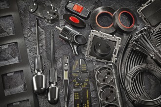 Black Electric Tools Set. DIY home improvement. Maintenance Home Concept