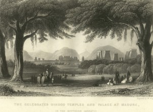 Lithographs Celebrated Hindoo Hindu Temple and Palace at Madura in Southern Carnatic, India, Asia