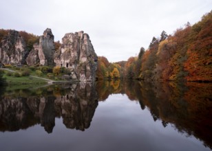 Horn-Bad Meinberg, Externsteine in autumn, view over the Wiembecke pond