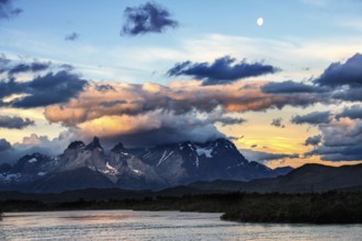 View over Lago Paine to the Cuernos and Torres del Paine, Torres del Paine National Park,