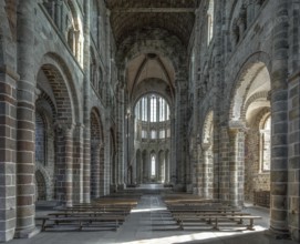 Mont-Saint-Michel, monastery hill, abbey church, interior facing east, transept early Romanesque