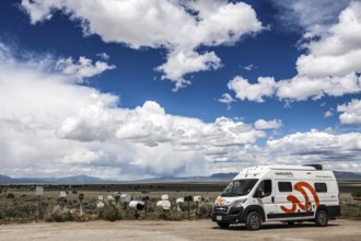 Letterboxes, mailboxes, cumulus clouds Highway 50, Loneliest Road in America, Ely, Nevada, USA,