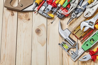 Big sset of construction tools on wood boards