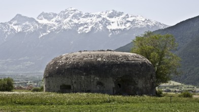 Italy S-Tyrol Laatsch Bunker at the road n Mals behind Ortler group