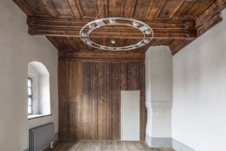 Luther city Eisleben St Annen Monastery. Room on the first floor with wooden ceiling and wall, St.,