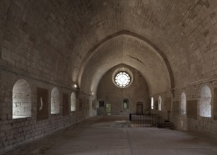 Cistercian monastery founded in 1148, dormitory, interior facing west, staircase to the cloister at