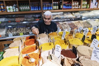 Seller, spices, shop, oriental spice trade in Noailles, Marseille, France, Europe