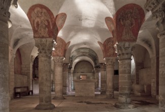 Consecrated in 1077, crypt facing east, top right capital from a crossing pillar of the Romanesque