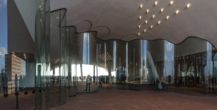 Hamburg, Elbphilharmonie, foyer called Plaza, wave-shaped glass wall to separate the Plaza into