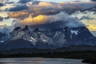 View over Lago Paine to the Cuernos and Torres del Paine, Torres del Paine National Park,