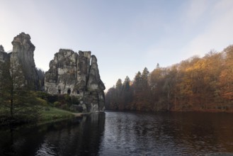 Horn-Bad Meinberg, Externsteine in autumn, view over the Wiembecke pond