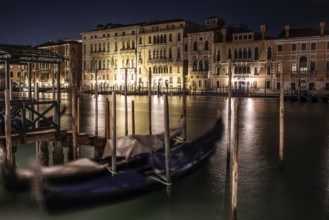 Gondolas on the Grand Canal, historic facades, night shot, Venice, Italy, Europe