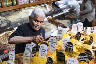 Seller, spices, shop, oriental spice trade in Noailles, Marseille, France, Europe