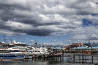 View over the city to the harbour of Ushuaia, Argentina, South America