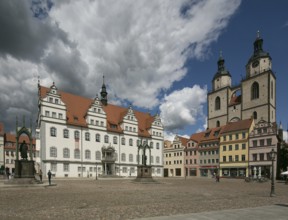 Luther city Wittenberg Market Square 6369 left Town Hall 16th century right Towers of the town