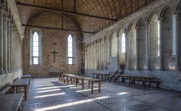 Mont-Saint-Michel, monastery hill, 13th century refectory, interior facing south-east, lector's