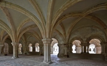 Fontenay former Cistercian monastery chapter house interior with view of the cloister, St., Saint,