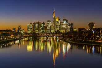 Illuminated skyline in front of sunset, Frankfurt am Main, Hesse, Germany, Europe