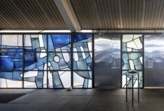 Krefeld, portable tent church St Hubertus, built in 1959 by Heinz Döhmen, stained glass windows by