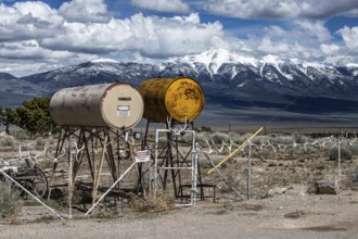 Truck stop with oil barrels and a fence of deer antlers, Highway 50, Loneliest Road in America,