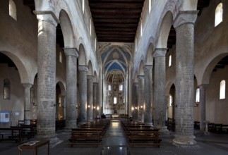 Italy Como Church of San Abbondio Interior facing east 12th century flat-roofed nave in the central