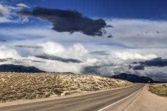 Wild thunderstorm and rain clouds over the Great Basin Highway US 93, between Ely and Baker,