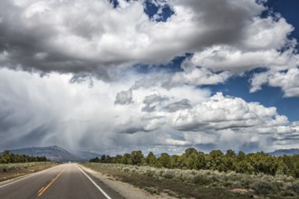 Wild thunderstorm and rain clouds over Highway 50, Loneliest Road in America, Ely, Nevada, USA,