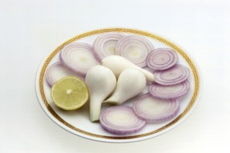 Slice of onions Latin Allium Cepa on a plate, used as a vegetables and salad, India, Asia