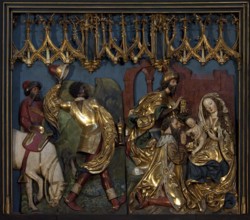 Main altar by Veit Stoß 1477-1489, lower left wing: Adoration of the Magi, St., Saint, Saint