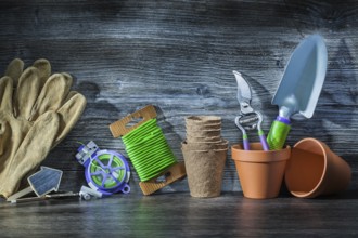 Big composition garden tools on vintage wood