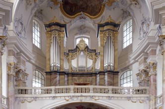 View to the east with the altar of grace and main organ. The Vierzehnheiligen Basilica near Bad