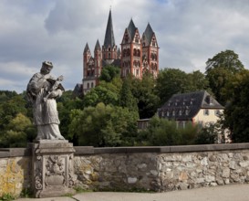 Limburg an der Lahn, Cathedral, view from northwest from the old Lahn bridge left baroque Nepomuk