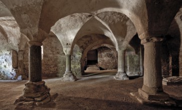 Anzy-le-Duc Burgundy priory church built 11-12 c. Crypt in daylight, St., Saint, Saint