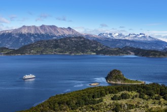 Cruise ship Ventus Australis in Wulaia Bay, Beagle Street, Ushuaia, Tierra del Fuego, Patagonia,