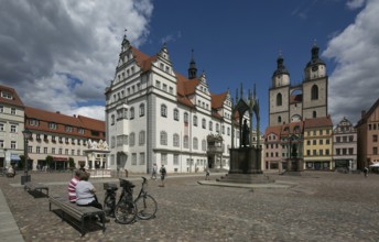 Luther city Wittenberg Market Square 6358 left Town Hall 16th century right Towers of the town