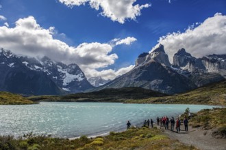 Trekker at Lago Nordenskjöld, Cuernos del Paine, Torres del Paine National Park, Patagonia, Chile,