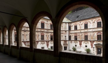 Österr Jenbach Schloss Tratzberg View from the loggia of the south wing to the NW. Castle complex