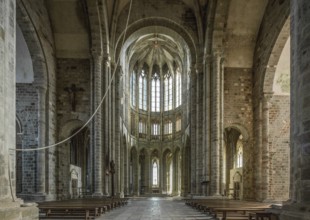 Mont-Saint-Michel, monastery hill, abbey church, interior facing east, transept early Romanesque