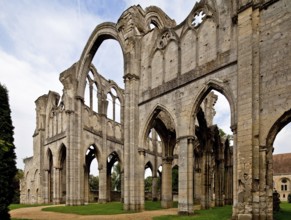 Cistercian abbey mid 13th century, church ruins, eastern transept wall and choir from south-west,