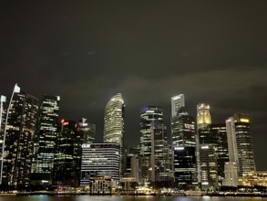 Illuminated skyline of a city at night under a slightly cloudy sky, singapore