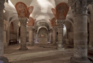 Consecrated in 1077, crypt facing east, top right capital from a crossing pillar of the Romanesque