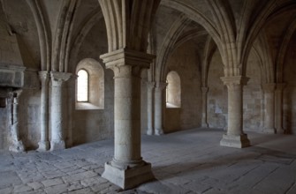 Cistercian monastery founded in 1144, church built 1175-1220, monks' hall or warming room also used