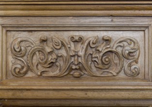 Jakobikirche, pews in the nave, carvings from the 17th century, masks, St., Sankt, Saint