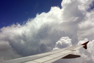 Aerial view of aeroplane wing in blue sky