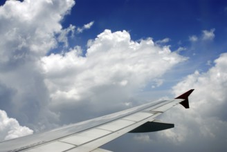 Aerial view of aeroplane wing in blue sky