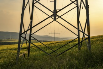 View through the struts of an electricity pylon to another electricity pylon in a wide landscape